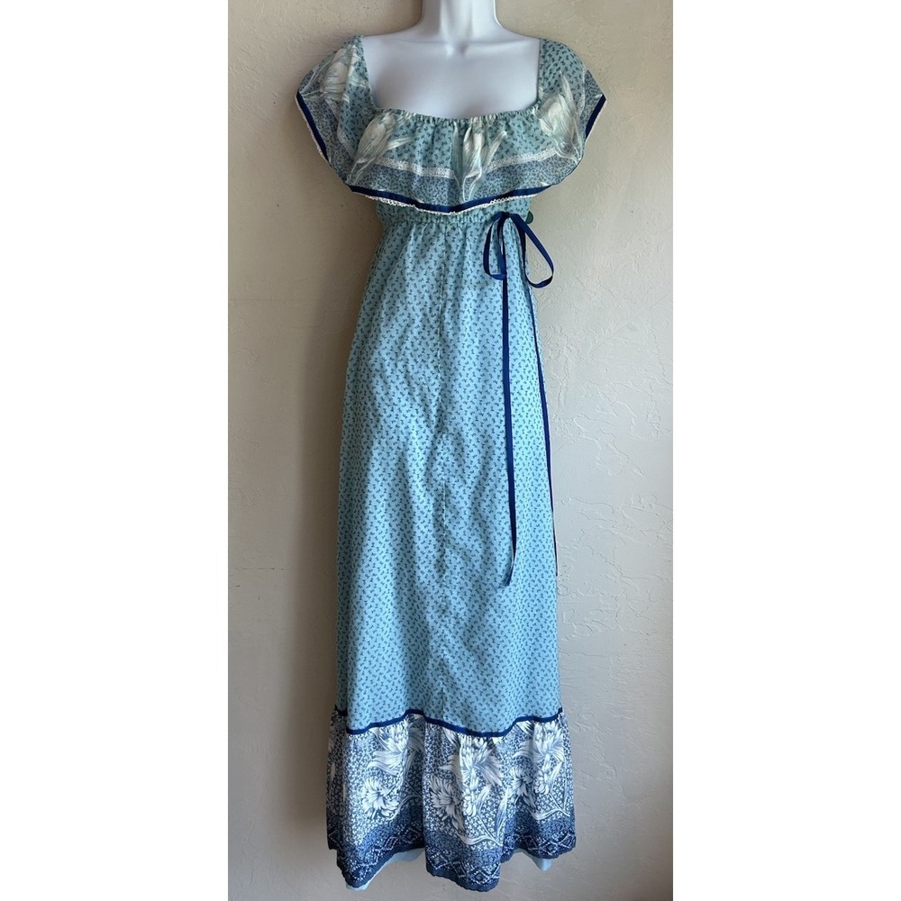 Vintage 1970s Jody California Maxi Dress 12 Ruffle Romantic Boho Empire Calico